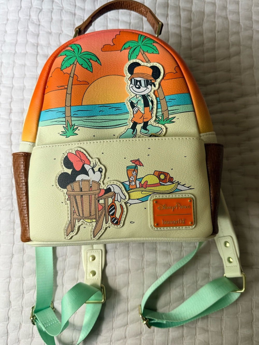 Disney Loungefly Orange Sunset Beach Mini Backpack with Mint Straps